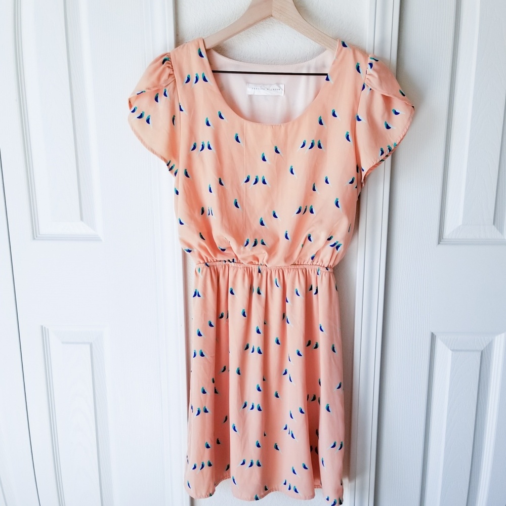 Modcloth Peach Scoop Neck Dress with Bird Print